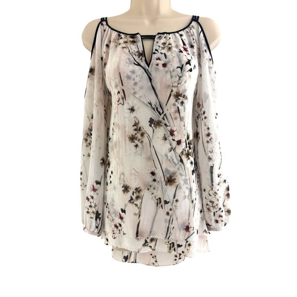White House Black Market Floral Chiffon Cold Shoulder Hi-Low Blouse Top Size XS - Picture 3 of 10